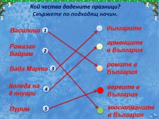 Кой чества дадените празници?
Свържете по подходящ начин.
1
2
3
4
5
 