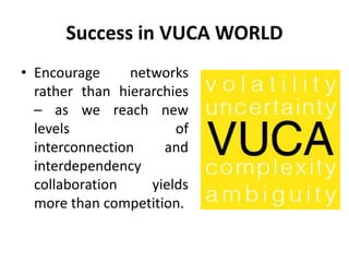Success in VUCA WORLD
• Encourage networks
rather than hierarchies
– as we reach new
levels of
interconnection and
interdependency
collaboration yields
more than competition.
 
