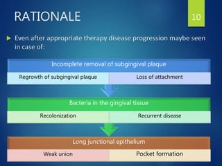  Even after appropriate therapy disease progression maybe seen
in case of:
10
Long junctional epithelium
Weak union Pocket formation
Bacteria in the gingival tissue
Recolonization Recurrent disease
Incomplete removal of subgingival plaque
Regrowth of subgingival plaque Loss of attachment
RATIONALE
 