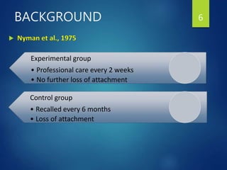  Nyman et al., 1975
6
Experimental group
• Professional care every 2 weeks
• No further loss of attachment
Control group
• Recalled every 6 months
• Loss of attachment
BACKGROUND
 