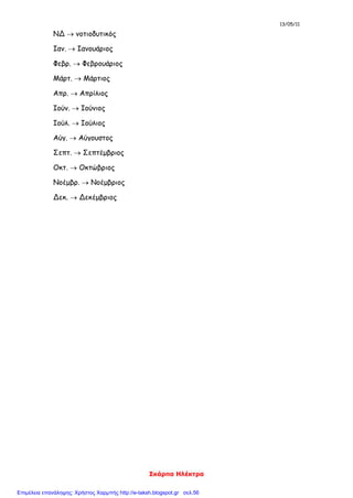 13/05/11
Σκάρπα Ηλέκτρα
ΝΔ  νοτιοδυτικός
Ιαν.  Ιανουάριος
Φεβρ.  Φεβρουάριος
Μάρτ.  Μάρτιος
Απρ.  Απρίλιος
Ιούν.  Ιούνιος
Ιούλ.  Ιούλιος
Αύγ.  Αύγουστος
Σεπτ.  Σεπτέμβριος
Οκτ.  Οκτώβριος
Νοέμβρ.  Νοέμβριος
Δεκ.  Δεκέμβριος
Επιμέλεια επανάληψης: Χρήστος Χαρμπής http://e-taksh.blogspot.gr σελ.56
 