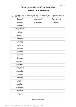 08/04/11
Σκάρπα Ηλέκτρα
ΕΝΟΤΗΤΑ 11η: ΕΠΙΤΡΑΠΕΖΙΑ ΠΑΙΧΝΙΔΙΑ
ΠΑΡΑΔΟΣΙΑΚΑ ΠΑΙΧΝΙΔΙΑ
1) Σχηματίζω την υποτακτική και την προστακτική των παρακάτω τύπων:
Οριστική Υποτακτική Προστακτική
μοίρασες να μοιράσεις μοίρασε
γράψατε
ενημερωθήκατε
ήρθες
έπαιξες
μιλήσατε
γέλασες
γυρίσατε
πηγαίνεις
ξεκινάτε
γλεντάτε
ξέχασες
απάντησες
χαιρετάτε
μαγειρεύετε
τραγουδάς
έφτιαξες
έπλυνες
ράψατε
διαλέξατε
αντέγραψες
αρχίσατε
διέσχισες
Επιμέλεια επανάληψης: Χρήστος Χαρμπής http://e-taksh.blogspot.gr σελ.60
 
