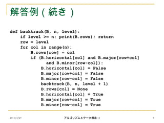 2011/4/27 アルゴリズムとデータ構造 15 9
解答例（続き）
def backtrack(B, n, level):
if level >= n: print(B.rows); return
row = level
for col in range(n):
B.rows[row] = col
if (B.horizontal[col] and B.major[row+col]
and B.minor[row-col]):
B.horizontal[col] = False
B.major[row+col] = False
B.minor[row-col] = False
backtrack(B, n, level + 1)
B.rows[col] = None
B.horizontal[col] = True
B.major[row+col] = True
B.minor[row-col] = True
 