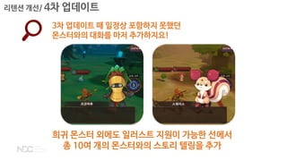 리텐션 개선/ 4차 업데이트
3차 업데이트 때 일정상 포함하지 못했던
몬스터와의 대화를 마저 추가하지요!
희귀 몬스터 외에도 일러스트 지원이 가능한 선에서
총 10여 개의 몬스터와의 스토리 텔링을 추가
 