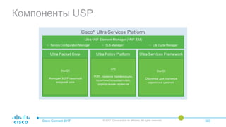 Компоненты USP
Cisco Connect 2017 © 2017 Cisco and/or its affiliates. All rights reserved. 023
StarOS
Функции 3GPP пакетной
опорной сети
CPS
PCRF, правила тарификации,
политики пользователей,
определения сервисов
StarOS
Оболочка для плагинов
сервисных цепочек
 