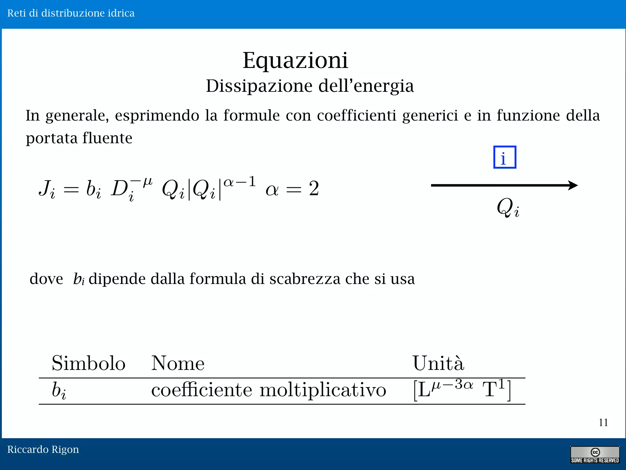 Reti di distribuzione idrica
Riccardo Rigon
Equazioni
In generale, esprimendo la formule con coefficienti generici e in funzione della
portata fluente
Ji = bi D µ
i Qi|Qi| 1
= 2
Dissipazione dell’energia
11
i
dove bi dipende dalla formula di scabrezza che si usa
 