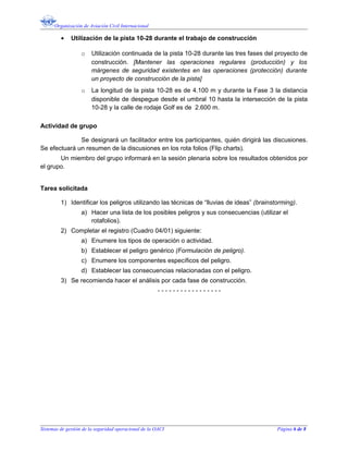 Organización de Aviación Civil Internacional
• Utilización de la pista 10-28 durante el trabajo de construcción
o Utilización continuada de la pista 10-28 durante las tres fases del proyecto de
construcción. [Mantener las operaciones regulares (producción) y los
márgenes de seguridad existentes en las operaciones (protección) durante
un proyecto de construcción de la pista]
o La longitud de la pista 10-28 es de 4.100 m y durante la Fase 3 la distancia
disponible de despegue desde el umbral 10 hasta la intersección de la pista
10-28 y la calle de rodaje Golf es de 2.600 m.
Actividad de grupo
Se designará un facilitador entre los participantes, quién dirigirá las discusiones.
Se efectuará un resumen de la discusiones en los rota folios (Flip charts).
Un miembro del grupo informará en la sesión plenaria sobre los resultados obtenidos por
el grupo.
Tarea solicitada
1) Identificar los peligros utilizando las técnicas de “lluvias de ideas” (brainstorming).
a) Hacer una lista de los posibles peligros y sus consecuencias (utilizar el
rotafolios).
2) Completar el registro (Cuadro 04/01) siguiente:
a) Enumere los tipos de operación o actividad.
b) Establecer el peligro genérico (Formulación de peligro).
c) Enumere los componentes específicos del peligro.
d) Establecer las consecuencias relacionadas con el peligro.
3) Se recomienda hacer el análisis por cada fase de construcción.
- - - - - - - - - - - - - - - - -
Sistemas de gestión de la seguridad operacional de la OACI Página 6 de 8
 