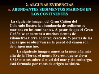 2. ALGUNAS EVIDENCIAS
a. ABUNDANTES SEDIMENTOS MARINOS EN
LOS CONTINENTES
La siguiente imagen del Gran Cañón del
Colorado ilustra la abundancia de sedimentos
marinos en los continentes. A pesar de que el Gran
Cañón se encuentra a muchos cientos de
kilómetros tierra adentro, cerca de ¾ partes de las
capas que se observan en la pared del cañón son
de origen marino.
La siguiente imagen muestra la montaña más
alta de la Tierra, el monte Everest, que se eleva
8.848 metros sobre el nivel del mar y sin embargo,
está formado por rocas de origen oceánico.
 
