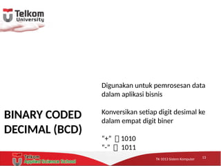 TK-1013 Sistem KomputerTK-1013 Sistem KomputerTK-1013 Sistem Komputer
BINARY CODED
DECIMAL (BCD)
Digunakan untuk pemrosesan data
dalam aplikasi bisnis
Konversikan setiap digit desimal ke
dalam empat digit biner
“+”  1010
“-”  1011
13
 