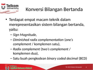 TK-1013 Sistem KomputerTK-1013 Sistem KomputerTK-1013 Sistem Komputer
Konversi Bilangan Bertanda
• Terdapat empat macam teknik dalam
merepresentasikan sistem bilangan bertanda,
yaitu:
– Sign Magnitude,
– Diminished radix complementation (one’s
complement / komplemen satu),
– Radix complement (two’s complement /
komplemen dua),
– Satu buah pengkodean binary coded decimal (BCD)
6
 