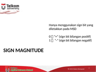 TK-1013 Sistem KomputerTK-1013 Sistem KomputerTK-1013 Sistem Komputer
SIGN MAGNITUDE
Hanya menggunakan sign bit yang
diletakkan pada MSD
0  “+” (sign bit bilangan positif)
1  “-” (sign bit bilangan negatif)
7
 