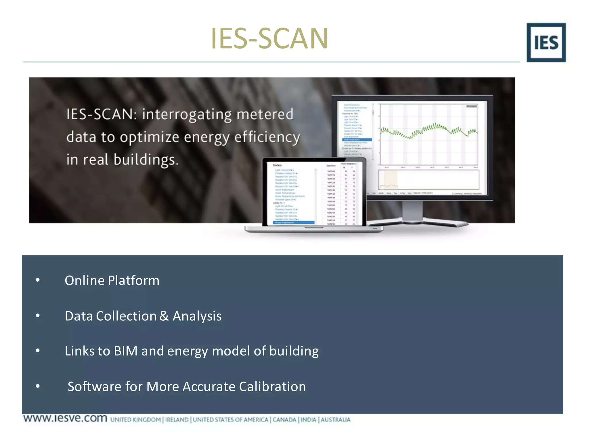 IES-SCAN
• Online Platform
• Data Collection& Analysis
• Links to BIM and energy model of building
• Software for More Accurate Calibration
 