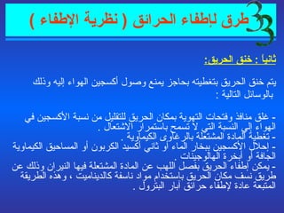   طرق  ل إطفاء الحرائق  (  نظرية الإطفاء  ) ثانياً  :  خنق الحريق : يتم خنق الحريق بتغطيته بحاجز يمنع وصول أكسجين الهواء إليه وذلك بالوسائل التالية  :   -  غلق منافذ وفتحات التهوية بمكان الحريق للتقليل من نسبة الأكسجين في الهواء إلي النسبة التي لا تسمح باستمرار الاشتعال  . -  تغطية المادة المشتعلة بالرغاوى الكيماوية  . -  إحلال الأكسجين ببخار الماء أو ثاني أكسيد الكربون أو المساحيق الكيماوية الجافة أو أبخرة الهالوجينات  . -  يمكن إطفاء الحريق بفصل اللهب عن المادة المشتعلة فيها النيران وذلك عن طريق نسف مكان الحريق باستخدام مواد ناسفة كالديناميت ، وهذه الطريقة المتبعة عادة لإطفاء حرائق آبار البترول  . 3 