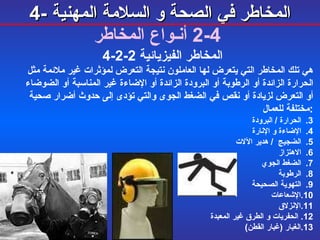 4-  المخاطر في الصحة و السلامة المهنية   4-2  أنـواع المخاطر 4-2-2  المخاطر الفيزيائية هي تلك المخاطر التي يتعرض لها العاملون نتيجة التعرض لمؤثرات غير ملائمة مثل الحرارة الزائدة أو الرطوبة أو البرودة الزائدة أو الإضاءة غير المناسبة أو الضوضاء أو التعرض لزيادة أو نقص في الضغط الجوى والتي تؤدى إلى حدوث أضرار صحية مختلفة للعمال : الحرارة   /  البرودة الإضاءة  و الإنارة الضجيج   /  هدير الآلات الاهتزاز ال ضغط  ال جوي الرطوبة التهوية  الصحيحة الإشعاعا ت الإنزلاق الحفريات و الطرق غير المعبدة الغبار  ( غبار القطن ) 