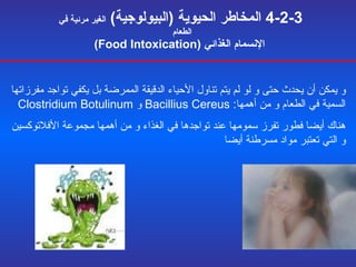 4-2-3  المخاطر الحيوية  ( البيولوجية )  الغير مرئية في الطعام    الإنسمام الغذائي  (Food Intoxication) و يمكن أن يحدث حتى و لو لم يتم تناول  الأحياء الدقيقة الممرضة  بل يكفي تواجد مفرزاتها السمية في الطعام و من أهمها :  Bacillius Cereus   و  Clostridium Botulinum هناك أيضا فطور تفرز سمومها عند تواجدها في الغذاء و من أهمها مجموعة الأفلاتوكسين و التي تعتبر مواد مسرطنة أيضا  