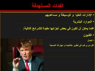 الفئ ات  المستهدفة الإدارات العليا   و الوسيطة و مساعديهم الموارد البشرية كما يمكن أن تكون في بعض أجزائها مفيدة للشرائح التالية : الفنيون العمال كل  من  يرغب في تطوير م فاهيمه و مهاراته الصحية 