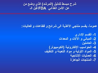 شرح مبسط للدليل  ( المرشد )  الذي وضع من   قبل الـ  FDA   عن الأمن الغذائي  عموماً، يقسم منتجي الأغذية الى شرائح و قطاعات و فعاليات :  1-  القسم الإداري   2-  المباني و الآلات و المعدات   3-  العاملين   4-  الحواسيب الإلكترونية  ( الكومبيوتر )  5-  المواد الأولية و مواد التعبئة و التغليف   6-  العمليات الإنتاجية   7-  المنتجات الجاهزة 
