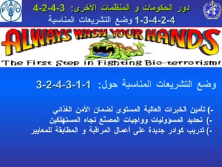 4-2-4-3  دور الحكومات و المنظمات الأخرى :   4-2-4-3-1   وضع التشريعات المناسبة  3-2-4-3-1-1   وضع التشريعات المناسبة حول :  -)  تأمين الخبرات العالية المستوى لضمان الأمن الغذائي   -)  تحديد المسؤوليات وواجبات المصنّع تجاه المستهلكين   -)  تدريب كوادر جديدة على أعمال المراقبة و المطابقة للمعايير 