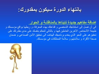 بانتهاء الدورة سيكون بمقدورك : اضافة مفاهيم جديدة نتبناها بالمناقشة و الحوار   الى  أن تصل إلى استنتاجك الشخصي  و قناعتك ب هذه المعرفة،  و ربطها بواقع مؤسستك و طبيعة الأشخاص الآخرين العاملين فيها و بالتالي لتحكم بنفسك على مدى مقدرتك على تحفيزهم على النحو الذي يخدم برنامجك الهادف الى تحقيق الأمن الصناعي و ضمان صحة الأفراد و سلامتهم و سلامة الممتلكات في مؤسستك . 