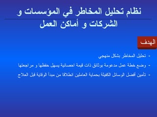 نظام تحليل المخاطر في المؤسسات و الشركات و أماكن العمل الهدف تحليل المخاطر بشكل منهجي وضع خطة عمل مدعومة بوثائق ذات قيمة احصائية يسهل حفظها و مراجعتها تأمين أفضل الوسائل الكفيلة بحماية العاملين انطلاقا من مبدأ الوقاية قبل العلاج 