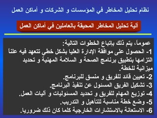 نظام تحليل المخاطر في المؤسسات و الشركات و أماكن العمل   آلية تحليل المخاطر المحيقة بالعاملين في أماكن العمل عموماً، يتم ذلك بإتباع الخطوات التالية : 1-  الحصول على موافقة الإدارة العليا بشكل خطي تتعهد فيه علناً التزامها بتطبيق برنامج الصحة و السلامة المهنية و تحديد ميزانية للخطة . 2-  تعيين قائد للفريق و منسق للبرنامج . 3-  تشكيل الفريق المسئول عن تنفيذ البرنامج . 4-  توزيع المهام للفريق و تحديد المسئوليات و آليات العمل . 5-  وضع خطة مناسبة للتأهيل و التدريب .  6-  الاستعانة بالاستشارات الخارجية كلما كان ذلك ضروريا . 