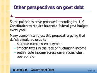 Other perspectives on govt debt 1.  _____________________________ Some politicians have proposed amending the U.S. Constitution to require balanced federal govt budget every year.  Many economists reject this proposal, arguing that deficit should be used to stabilize output & employment smooth taxes in the face of fluctuating income redistribute income across generations when appropriate 