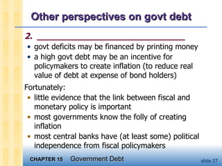 Other perspectives on govt debt 2.  ____________________________ govt deficits may be financed by printing money a high govt debt may be an incentive for policymakers to create inflation (to reduce real value of debt at expense of bond holders) Fortunately: little evidence that the link between fiscal and monetary policy is important  most governments know the folly of creating inflation  most central banks have (at least some) political independence from fiscal policymakers 