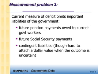 Measurement problem 3:  ____________________ Current measure of deficit omits important liabilities of the government: future pension payments owed to current govt workers future Social Security payments contingent liabilities (though hard to attach a dollar value when the outcome is uncertain) 
