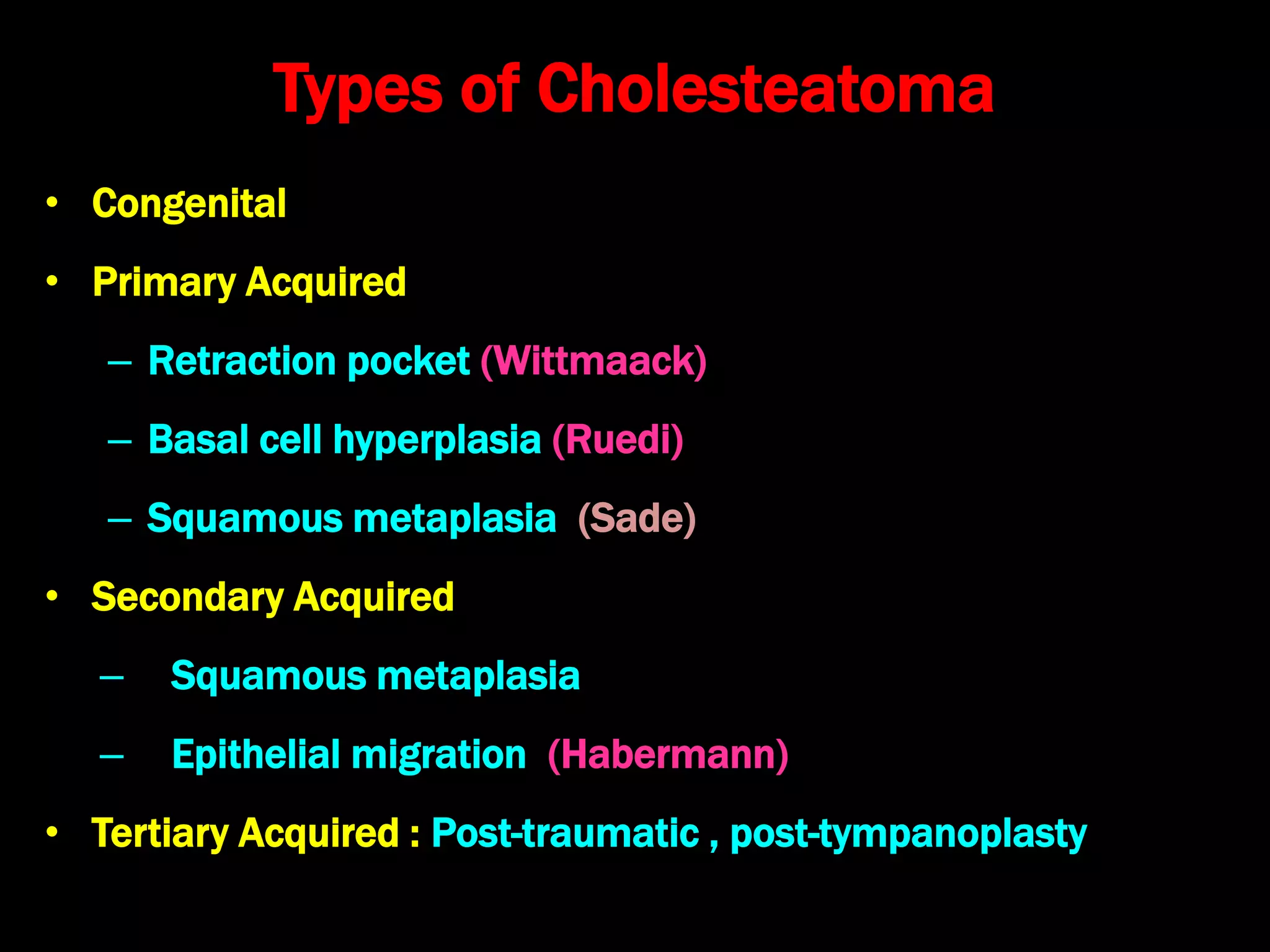• Congenital (McKenzie)
• Primary Acquired
– Retraction pocket (Wittmaack)
– Basal cell hyperplasia (Ruedi)
– Squamous metaplasia (Sade)
• Secondary Acquired
– Squamous metaplasia
– Epithelial migration (Habermann)
• Tertiary Acquired : Post-traumatic , post-tympanoplasty
Types of Cholesteatoma
 