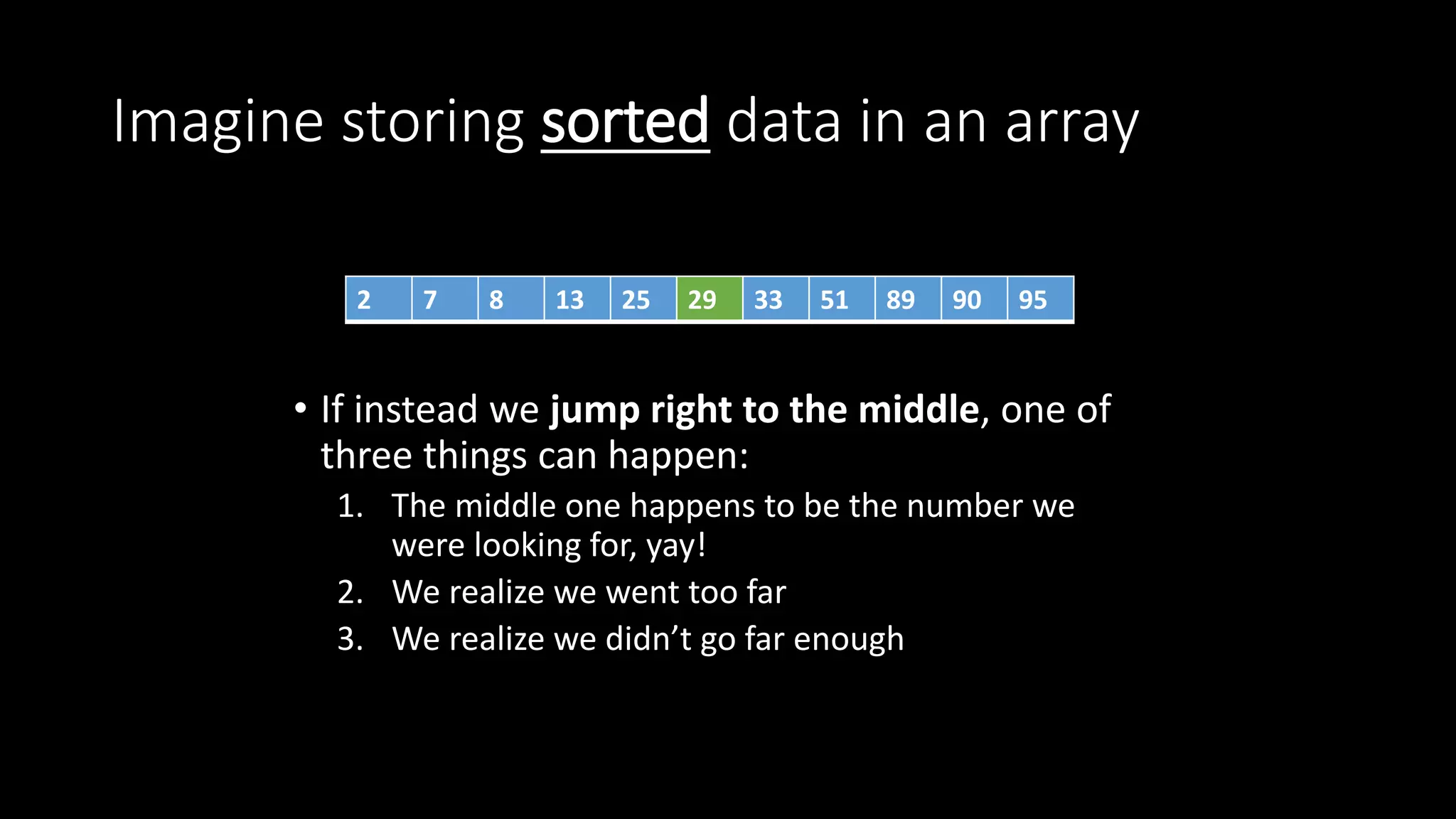 Imagine storing sorted data in an array
• If instead we jump right to the middle, one of
three things can happen:
1. The middle one happens to be the number we
were looking for, yay!
2. We realize we went too far
3. We realize we didn’t go far enough
2 7 8 13 25 29 33 51 89 90 95
 