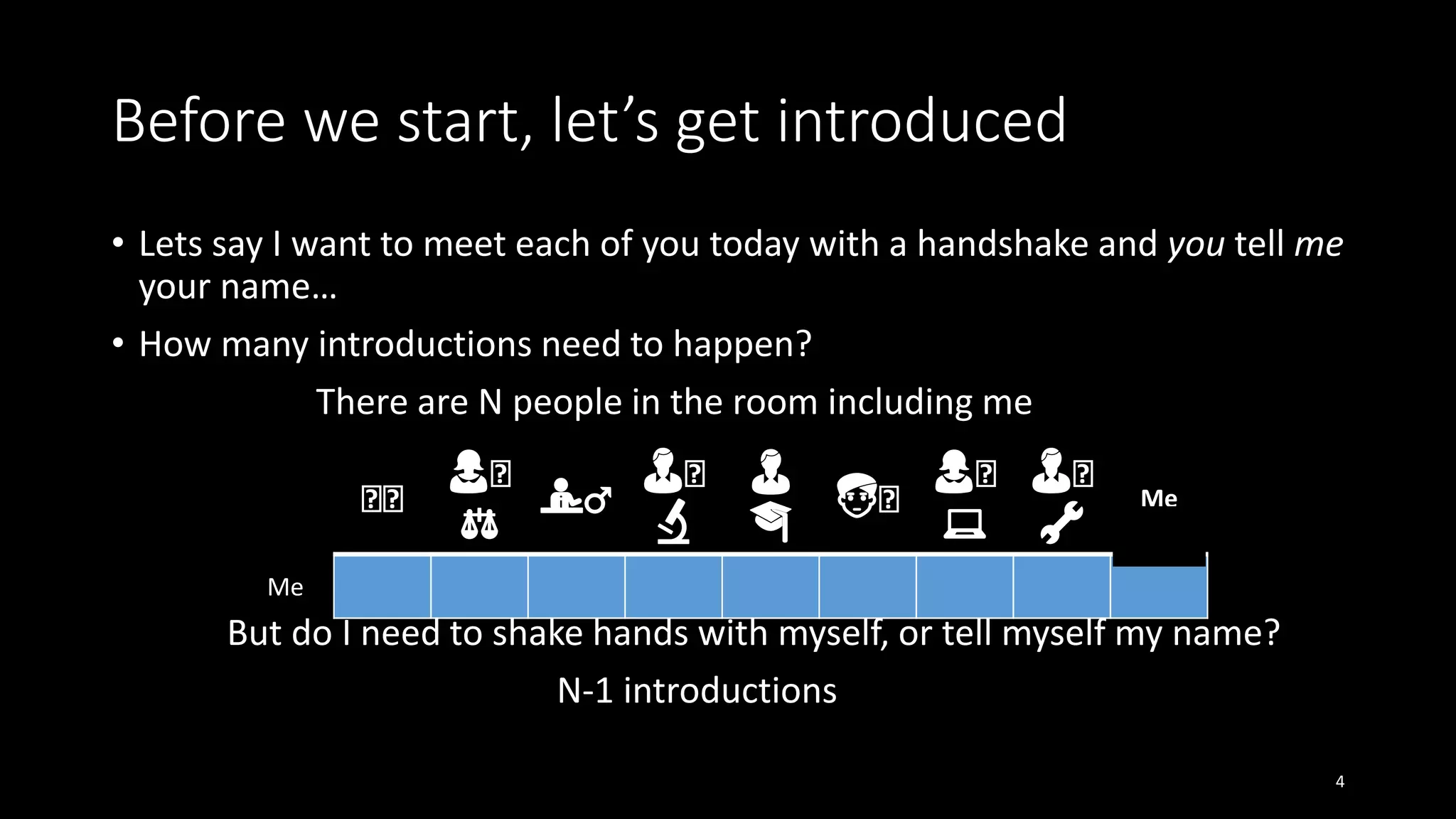 Before we start, let’s get introduced
• Lets say I want to meet each of you today with a handshake and you tell me
your name…
• How many introductions need to happen?
There are N people in the room including me
But do I need to shake hands with myself, or tell myself my name?
N-1 introductions
4
🤵🤵
👩🤵
⚖️
💁♂️
👨🤵
🔬
👨
🎓
👳🤵
👩🤵
💻
👨🤵
🔧
Me
Me
 
