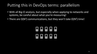 Putting this in DevOps terms: parallelism
• With all Big-O analysis, but especially when applying to networks and
systems, be careful about what you’re measuring!
• There are O(N2) communications, but they won’t take O(N2) time!
12
📱
📱
📱
📱
📱
📱
📱
📱
📱
📱
 