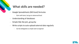What skills are needed?
- Google Spreadsheets (MS Excel) formulas
- Start with basic, but go to advanced level
- Understanding of databases
- Simple SQL like join, group by
- Write scripts to auto-upload external data regularly
- Can be delegated as simple task to engineer
 