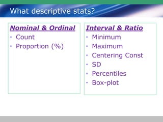 What descriptive stats?
Nominal & Ordinal
• Count
• Proportion (%)
Interval & Ratio
• Minimum
• Maximum
• Centering Const
• SD
• Percentiles
• Box-plot
 