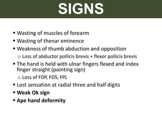 SIGNS
 Wasting of muscles of forearm
 Wasting of thenar eminence
 Weakness of thumb abduction and opposition
o Loss of abductor pollicis brevis + flexor pollicis brevis
 The hand is held with ulnar fingers flexed and index
finger straight (pointing sign)
o Loss of FDP, FDS, FPL
 Lost sensation at radial three and half digits
 Weak Ok sign
 Ape hand deformity
 