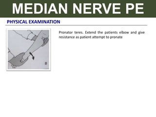 PHYSICAL EXAMINATION
MEDIAN NERVE PE
Pronator teres. Extend the patients elbow and give
resistance as patient attempt to pronate
 