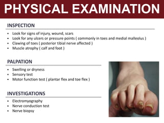 INSPECTION
PHYSICAL EXAMINATION
 Look for signs of injury, wound, scars
 Look for any ulcers or pressure points ( commonly in toes and medial malleolus )
 Clawing of toes ( posterior tibial nerve affected )
 Muscle atrophy ( calf and foot )
PALPATION
 Swelling or dryness
 Sensory test
 Motor function test ( plantar flex and toe flex )
INVESTIGATIONS
 Electromyography
 Nerve conduction test
 Nerve biopsy
 