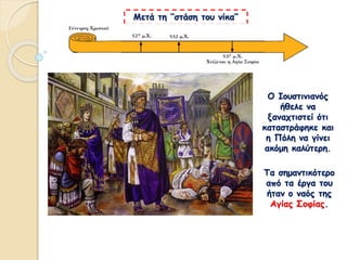 Τα σημαντικότερο
από τα έργα του
ήταν ο ναός της
Αγίας Σοφίας.
Ο Ιουστινιανός
ήθελε να
ξαναχτιστεί ότι
καταστράφηκε και
η Πόλη να γίνει
ακόμη καλύτερη.
Μετά τη ‘’στάση του νίκα’’
 