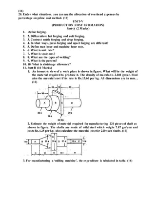 (16)
20. Under what situations, you can use the allocation of overhead expenses by
percentage on prime cost method. (16)
UNIT-V
(PRODUCTION COST ESTIMATION)
Part-A (2 Marks)
1. Define forging.
2. 2. Differentiate hot forging and cold forging.
3. 3. Contrast smith forging and drop forging.
4. 4. In what ways, press forging and upset forging are different?
5. 5. Define man hour and machine hour rate.
6. 6. What is unit rate?
7. 7. What is scale loss?
8. 8. What are the types of welding?
9. 9. What is the pattern?
10. 10. What is shrinkage allowance?
11. Part-B (16 Marks)
1. An isometric view of a work piece is shown in figure. What will be the weight of
the material required to produce it. The density of material is 2.681 gm/cc. Find
also the material cost if its rate is Rs.13.60 per kg. All dimensions are in mm. ,
(16)
2. Estimate the weight of material required for manufacturing 220 pieces of shaft as
shown in figure. The shafts are made of mild steel which weighs 7.87 gm/cm3 and
costs Rs.4.25 per kg. Also calculate the material cost for 220 such shafts. (16)
3. For manufacturing a ‘milling machine’, the expenditure is tabulated in table. (16)
 