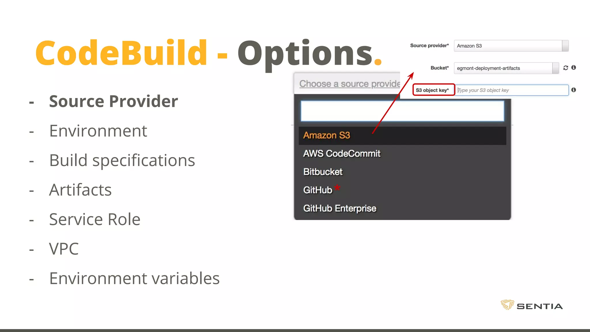 CodeBuild - Options. - Source Provider - Environment - Build specifications - Artifacts - Service Role - VPC - Environment variables * 