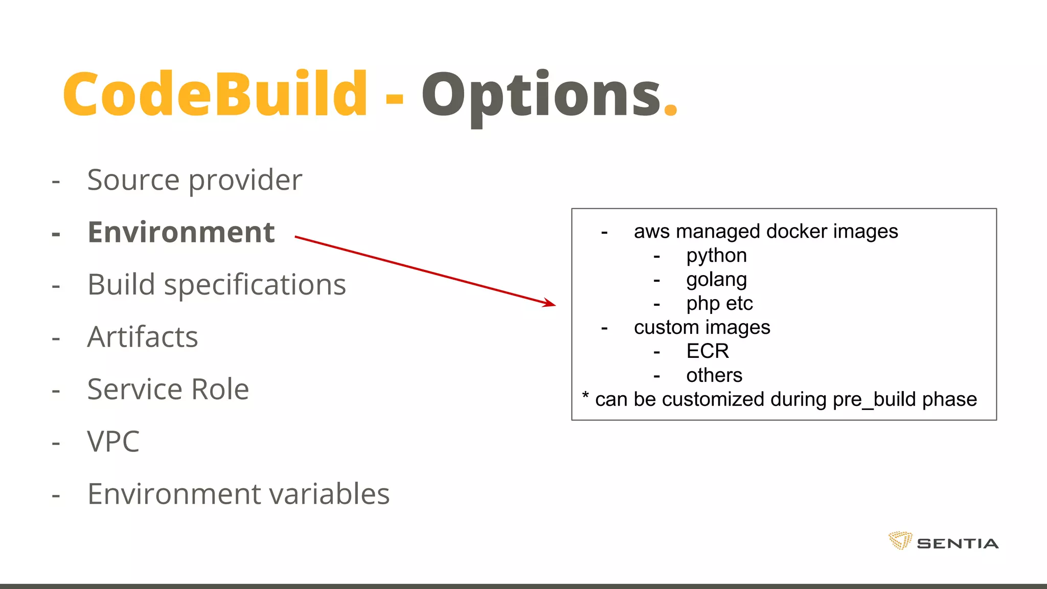 CodeBuild - Options. - Source provider - Environment - Build specifications - Artifacts - Service Role - VPC - Environment variables - aws managed docker images - python - golang - php etc - custom images - ECR - others * can be customized during pre_build phase 