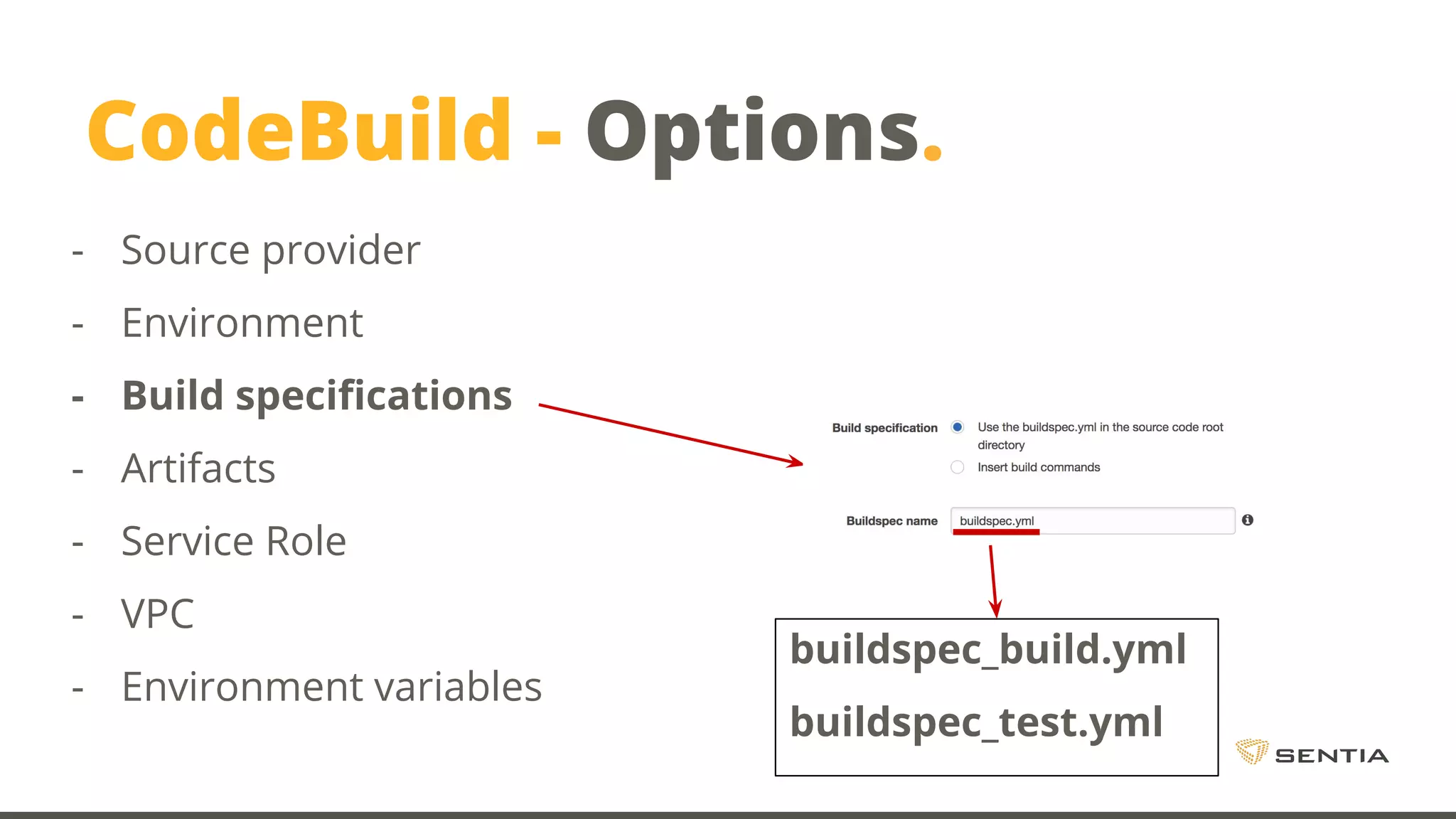 CodeBuild - Options. - Source provider - Environment - Build specifications - Artifacts - Service Role - VPC - Environment variables buildspec_build.yml buildspec_test.yml 