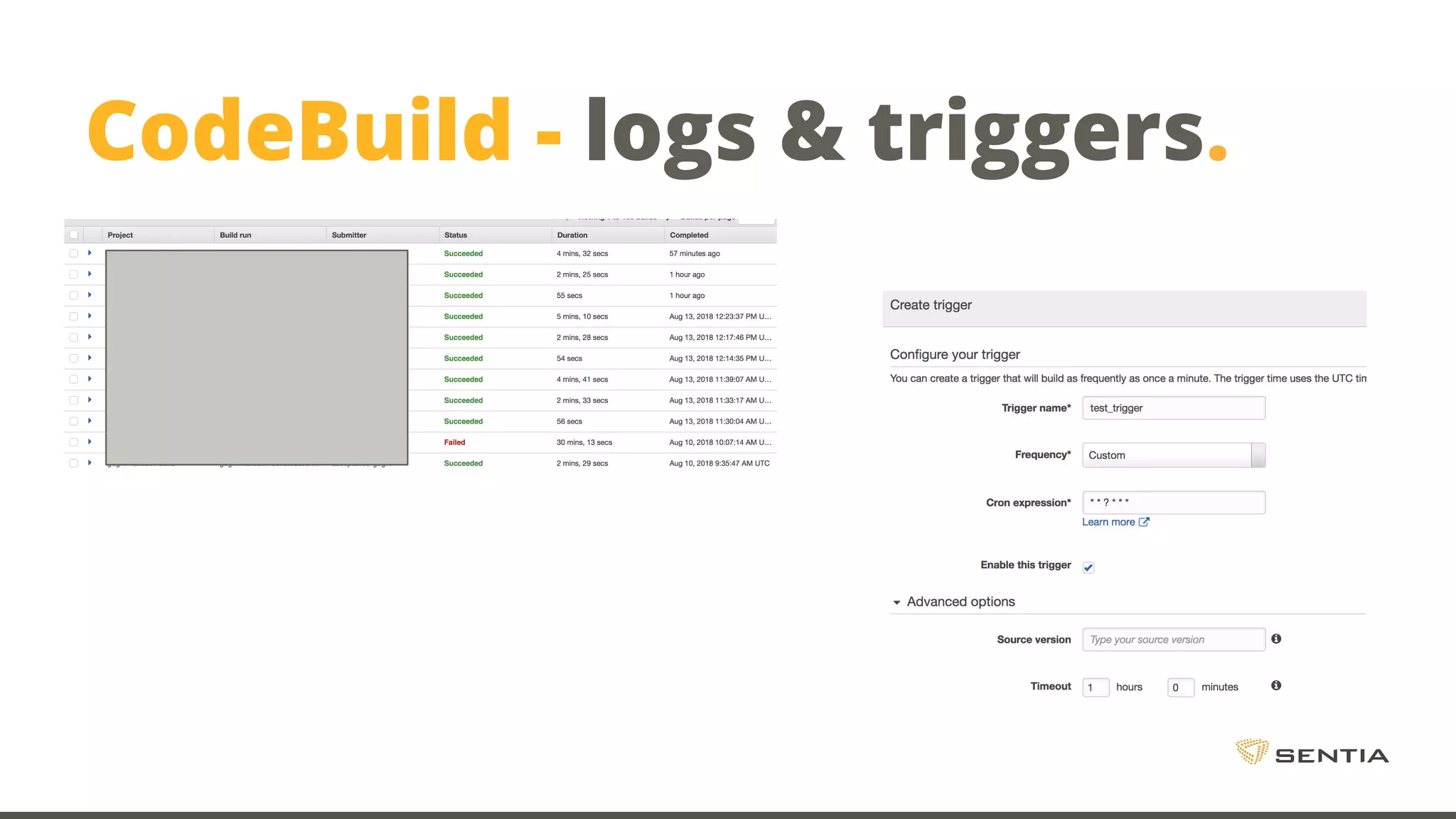 CodeBuild - logs & triggers. 