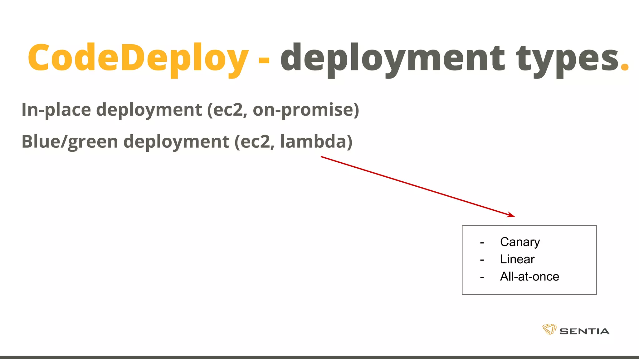 CodeDeploy - deployment types. In-place deployment (ec2, on-promise) Blue/green deployment (ec2, lambda) - Canary - Linear - All-at-once 