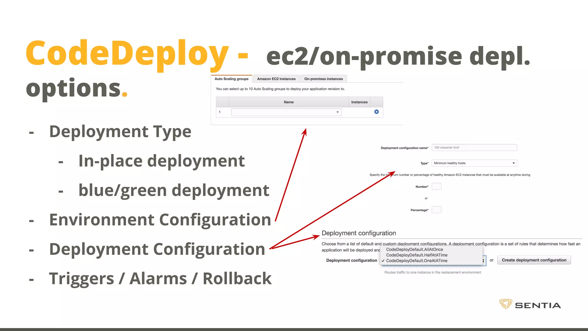 - Deployment Type - In-place deployment - blue/green deployment - Environment Configuration - Deployment Configuration - Triggers / Alarms / Rollback CodeDeploy - ec2/on-promise depl. options. 