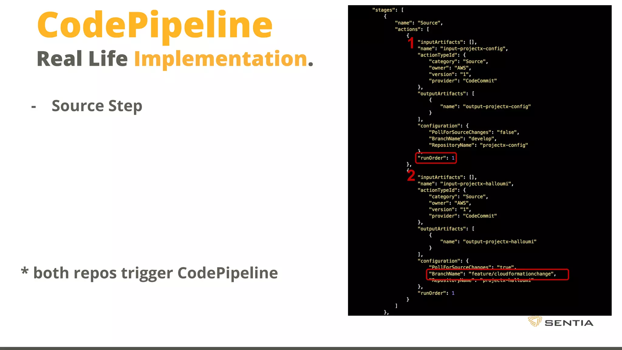 CodePipeline Real Life Implementation. - Source Step * both repos trigger CodePipeline 1 2 