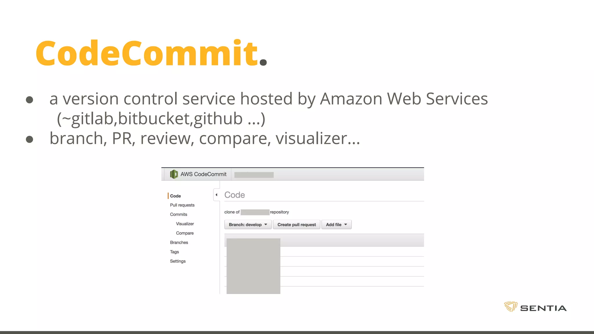 CodeCommit. ● a version control service hosted by Amazon Web Services (~gitlab,bitbucket,github ...) ● branch, PR, review, compare, visualizer... 