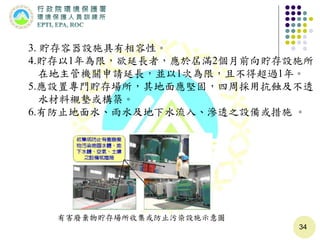 34
3. 貯存容器設施具有相容性。
4.貯存以1年為限，欲延長者，應於屆滿2個月前向貯存設施所
在地主管機關申請延長，並以1次為限，且不得超過1年。
5.應設置專門貯存場所，其地面應堅固，四周採用抗蝕及不透
水材料襯墊或構築。
6.有防止地面水、雨水及地下水流入、滲透之設備或措施 。
有害廢棄物貯存場所收集或防止污染設施示意圖
 