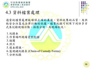 58
4.3 資料檔案處理
適當的檔案處理能確保正確的溝通、資料收集的品質，及供
做安全決策或法律行動的依據。檔案紀錄可利用下列許多方
式來記錄現場活動、採樣分析、及現場狀況：
1.紀錄本
2.作業場所現場資料紀錄
3.描圖
4.照片
5.樣本標識。
6.監視鏈紀錄表 (Chain-of Custody Forms)
7.分析紀錄
 