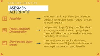 Portofolio
kumpulan hasil karya siswa yang disusun
berdasarkan urutan waktu maupun urutan
kategori kegiatan
Project, Exhibition,
Demonstration
penyelesaian tugas2 yang kompleks dalam
suatu jangka waktu tertentu yang dapat
memperlihatkan penguasaan kemampuan
pada tingkat tertentu.
Short-answer, Open-
ended
menuntut jawaban singkat dari siswa,
tetapi bukan memilih jawaban dari sederet
kemungkinan jawaban yang tersedia.
9
10
11
B E N T U K – B E N T U K
ASESMEN
ALTERNATIF
 